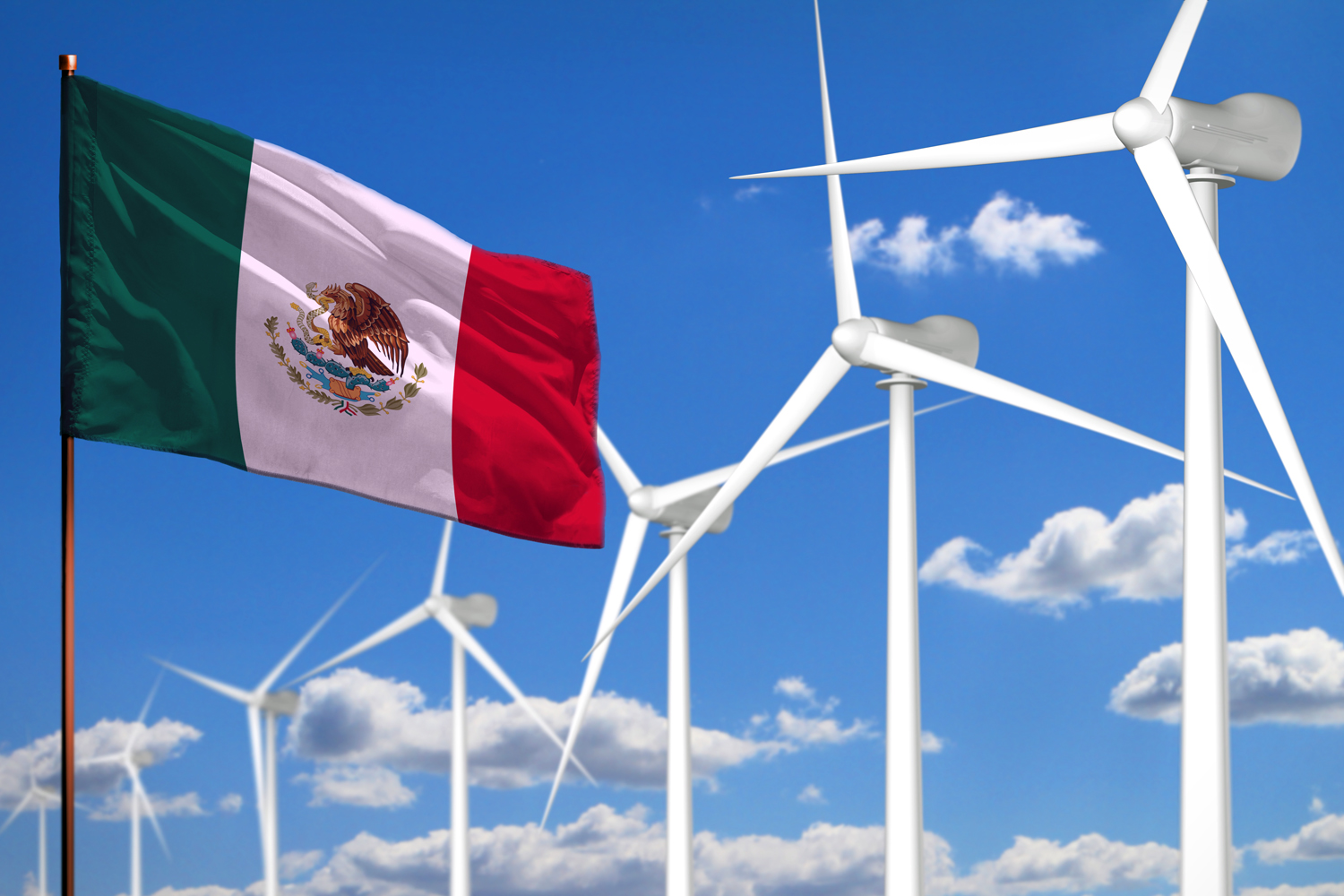 bandera de México en un parque eólico