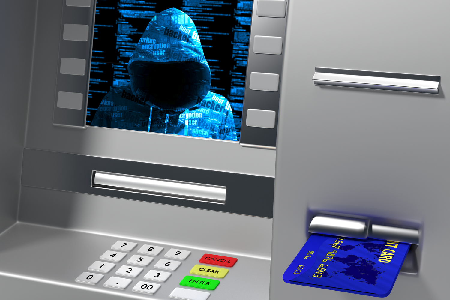 seguridad bancaria imagen de un hacker en la pantalla de un cajero automático