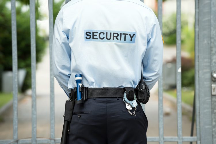 un vigilante de seguridad privada ante una puerta de rejas