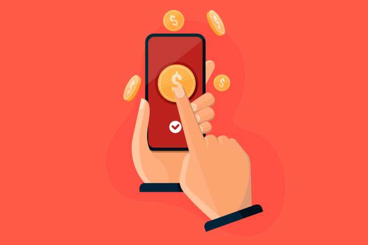 dos manos interactúan con dinero en un smartphone