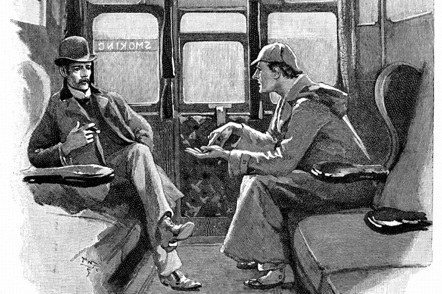 El doctor Watson y Sherlock Holmes intercambian impresiones en el compartimento de un vagón de tren.