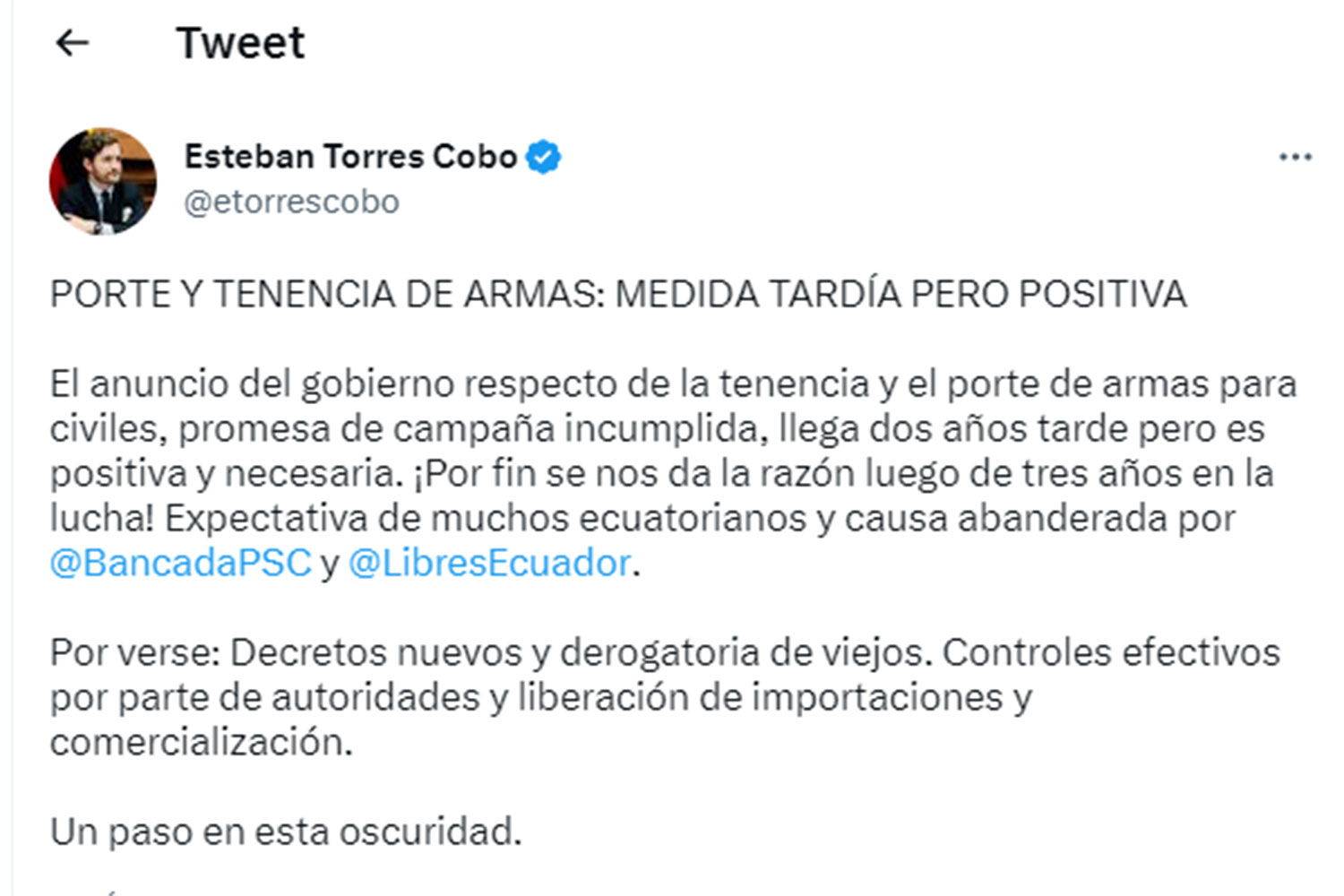 tuit de Esteban Torres Cobo, asambleísta de Ecuador