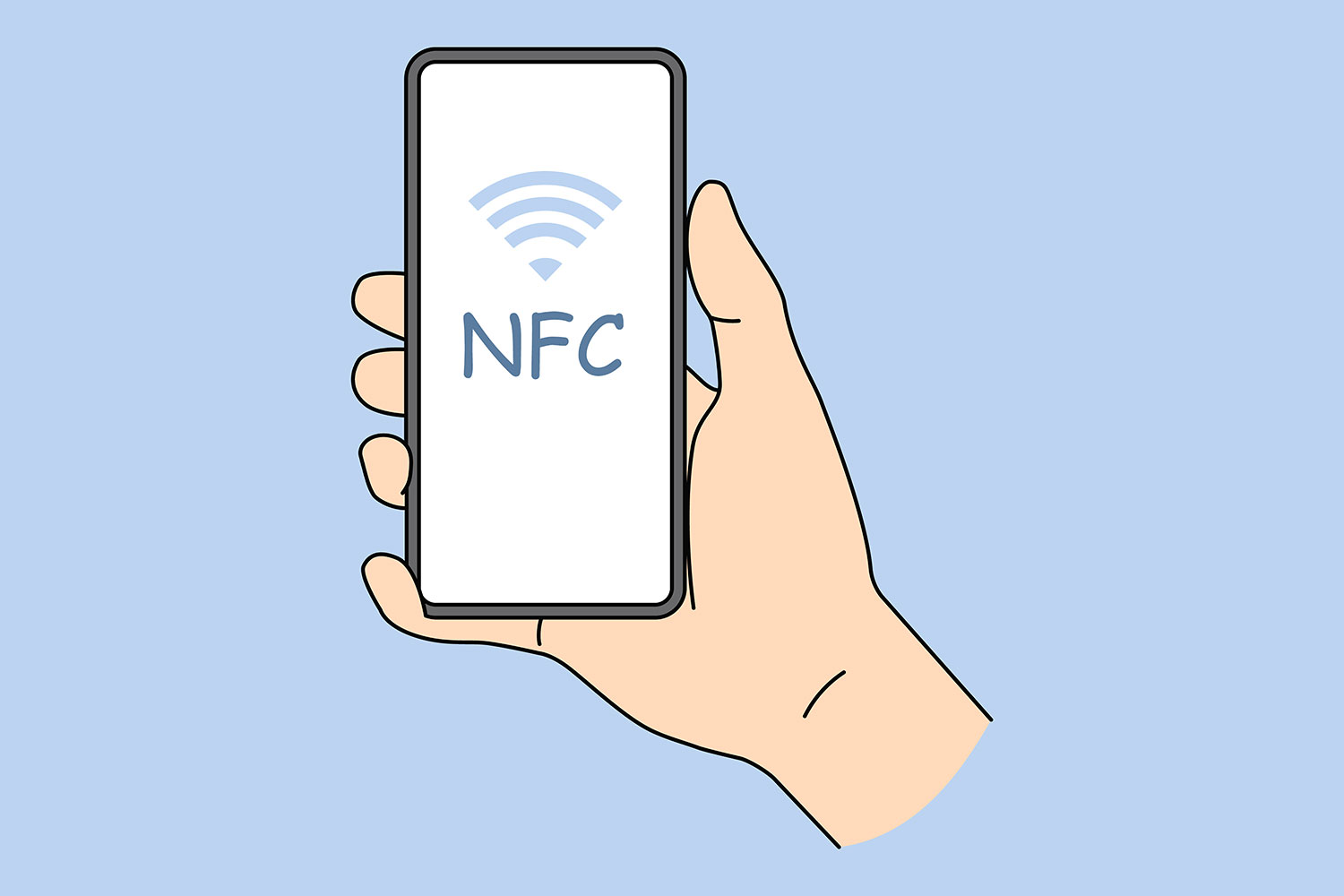dibujo de una mano sujetando un smartphone con función NFC