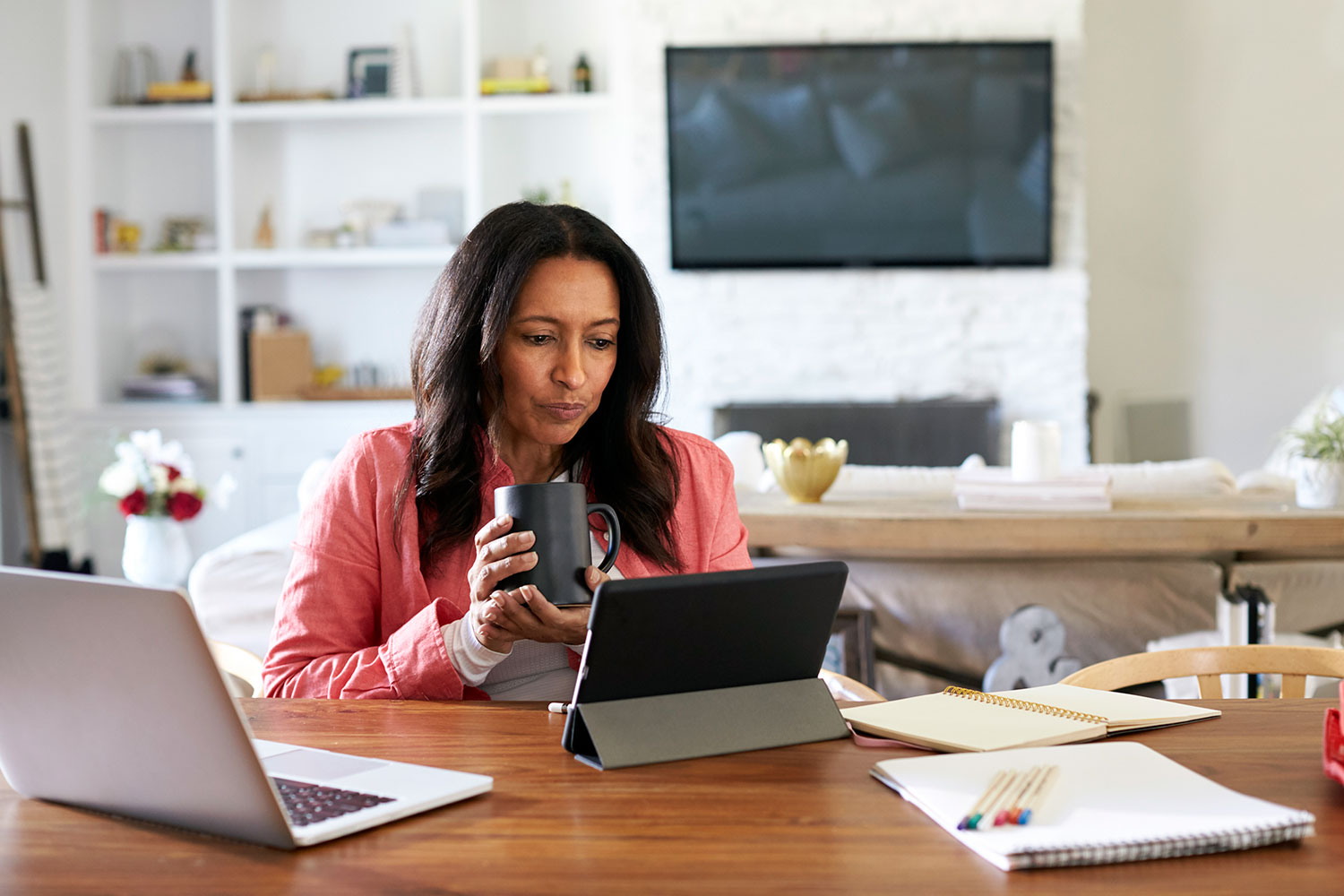 A woman working remotely in the United States