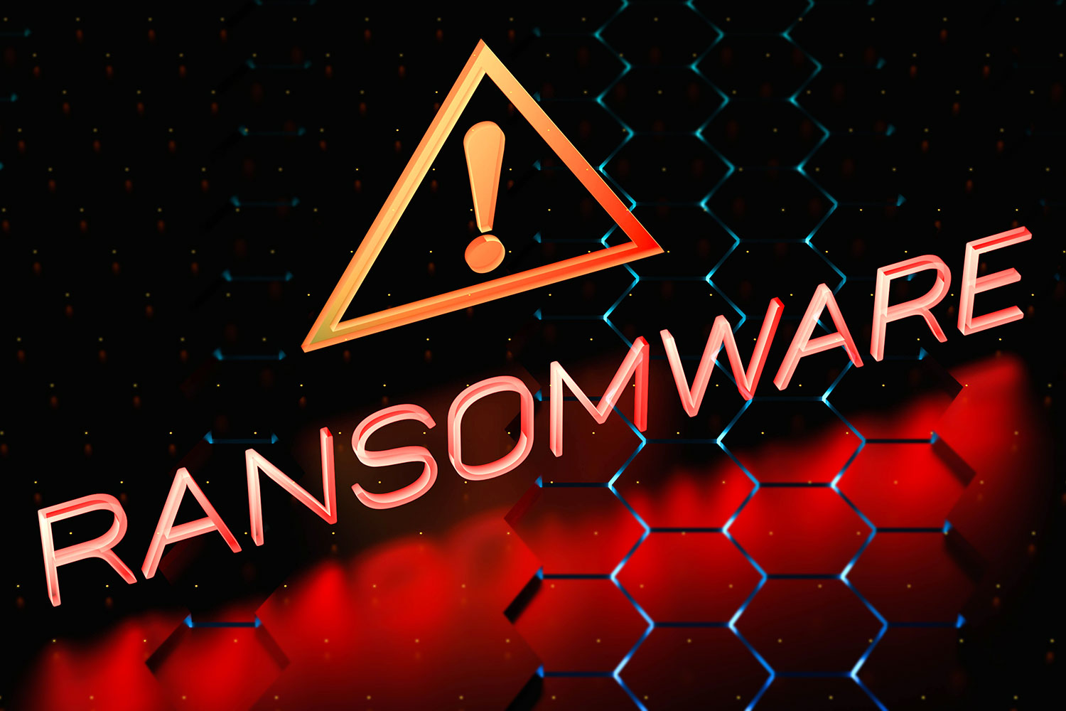 símbolo de advertencia sobre la palabra ransomware