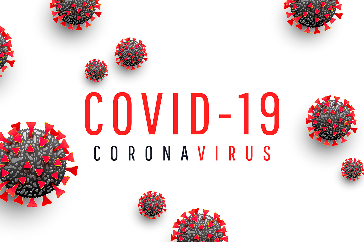 Las palabras COVID-19 y coronavirus junto a dibujos del virus que provoca la enfermedad