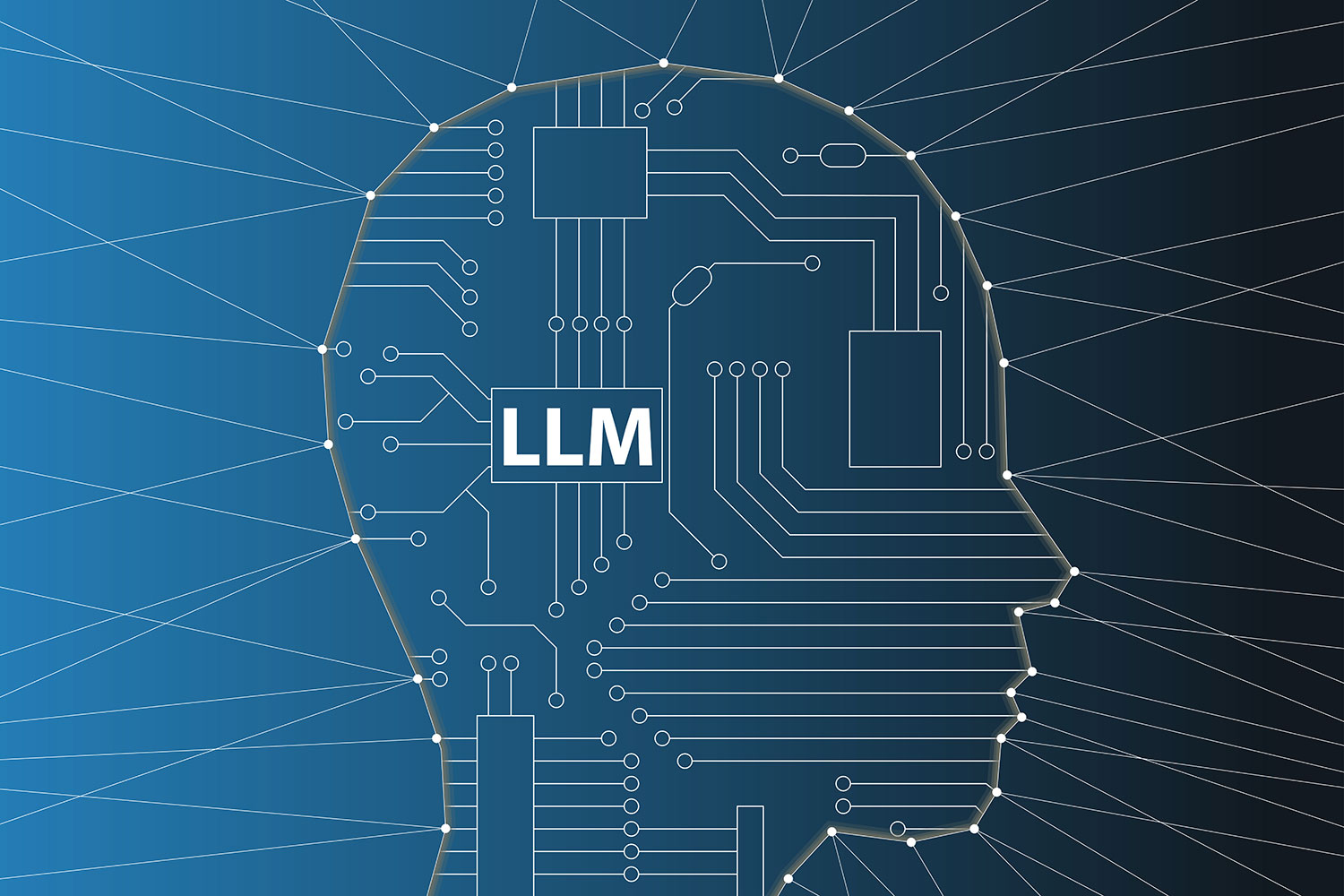 una cabeza con las siglas LLM de grandes modelos de lenguaje en inteligencia artificial