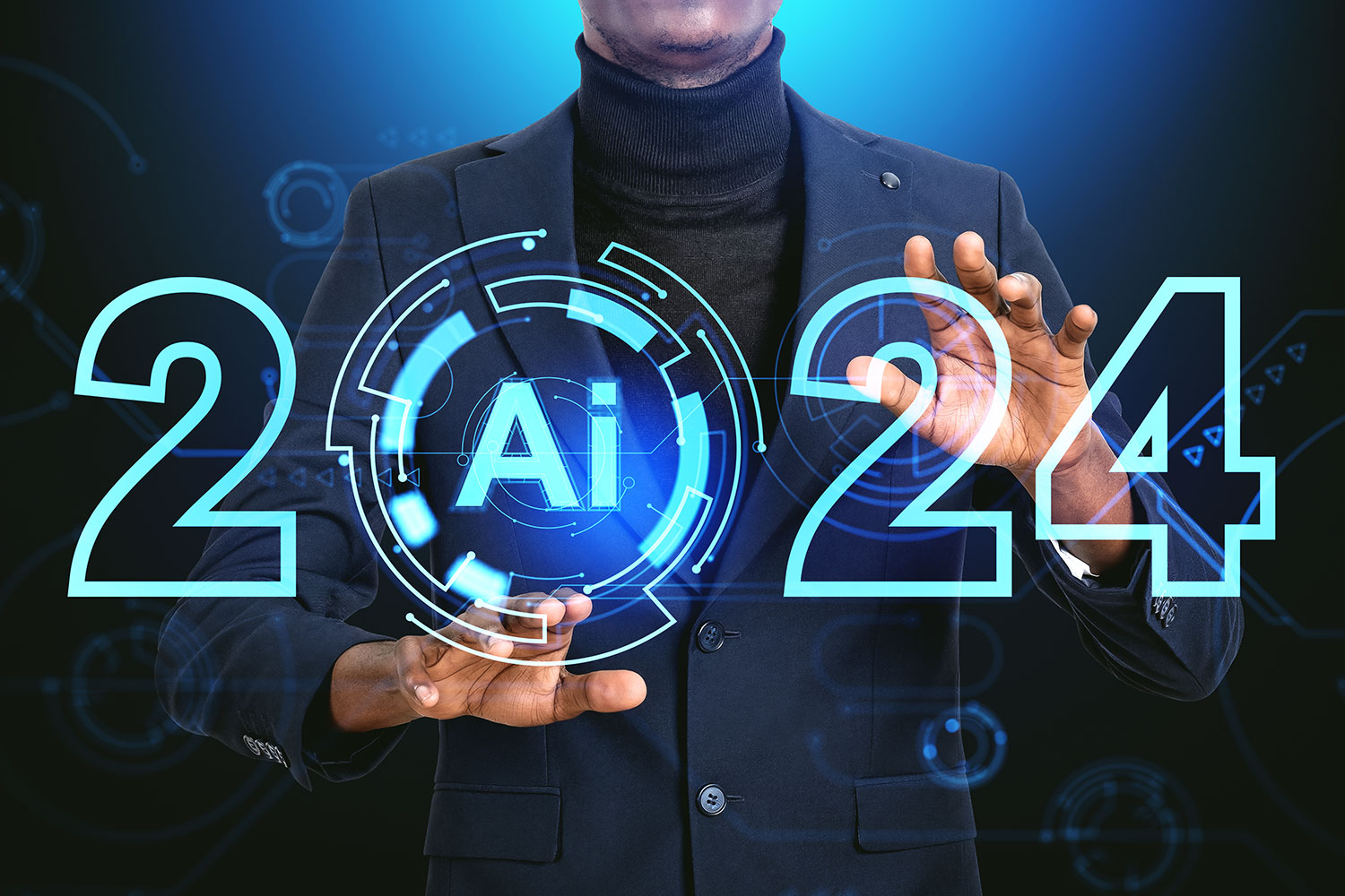 un hombre junto un rótulo del año 2024 con las letras AI de inteligencia artificial