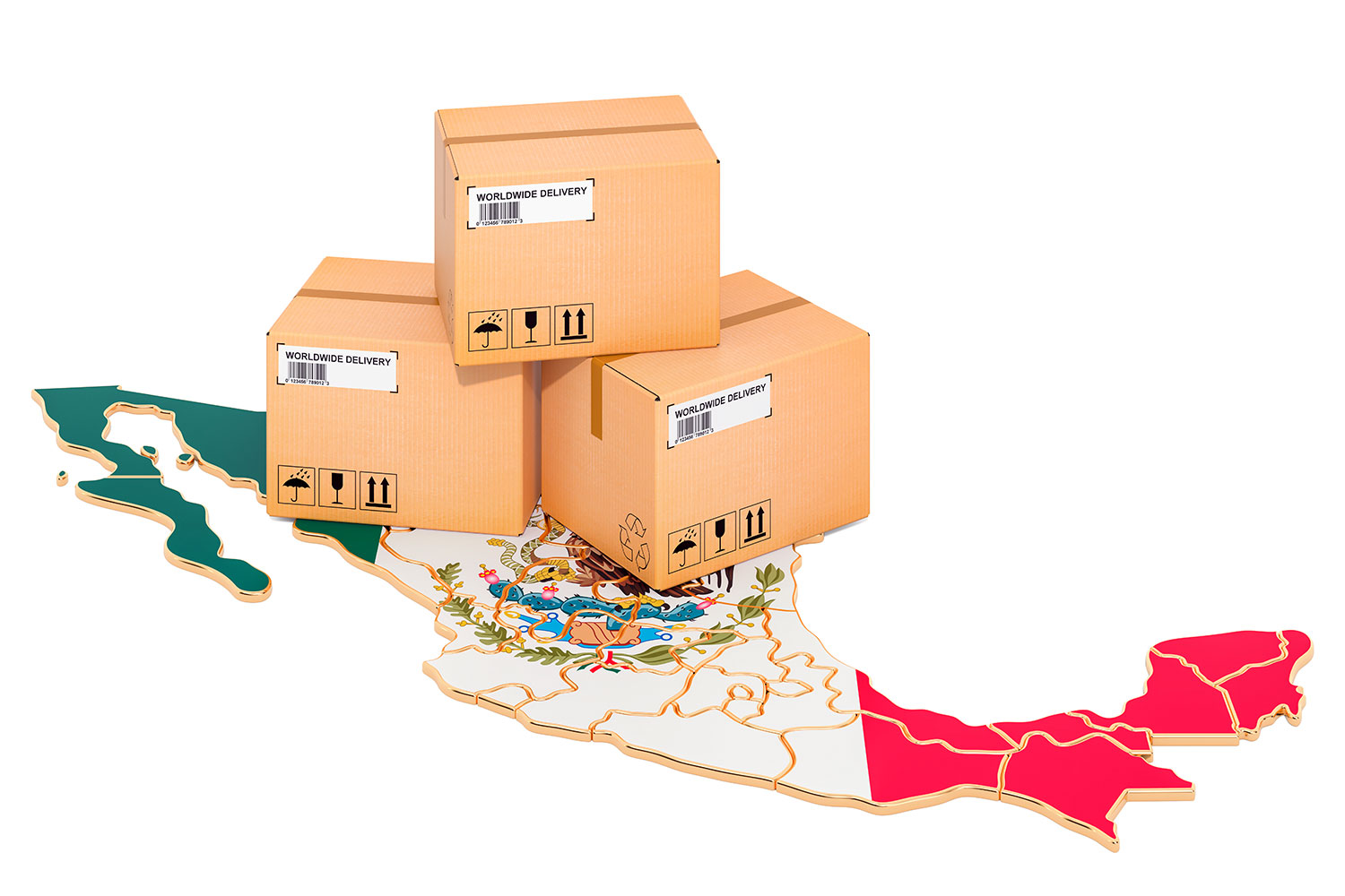 cajas de embalaje de cartón sobre el mapa de México