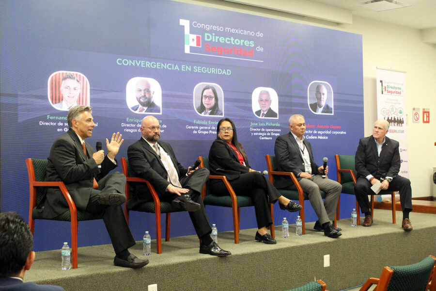 De izquierda a derecha: Fernando Martín Gómez Villarreal (Gentera), Enrique Higuera (Médica Sur), Fabiola Enríquez (Grupo Presidente), José Luis Pichardo (Grupo Centauro) y Antonio Gaona (Codere México) en el I Congreso Mexicano de Directores de Seguridad