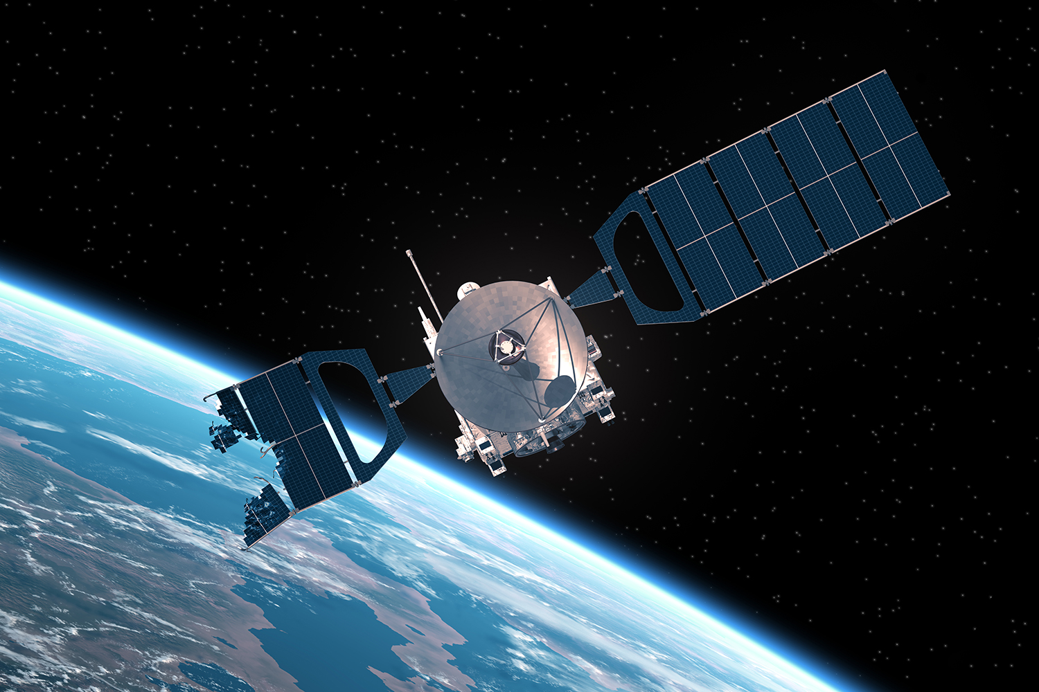 Un satélite artificial en órbita con un panel solar dañado por el impacto de un desecho espacial