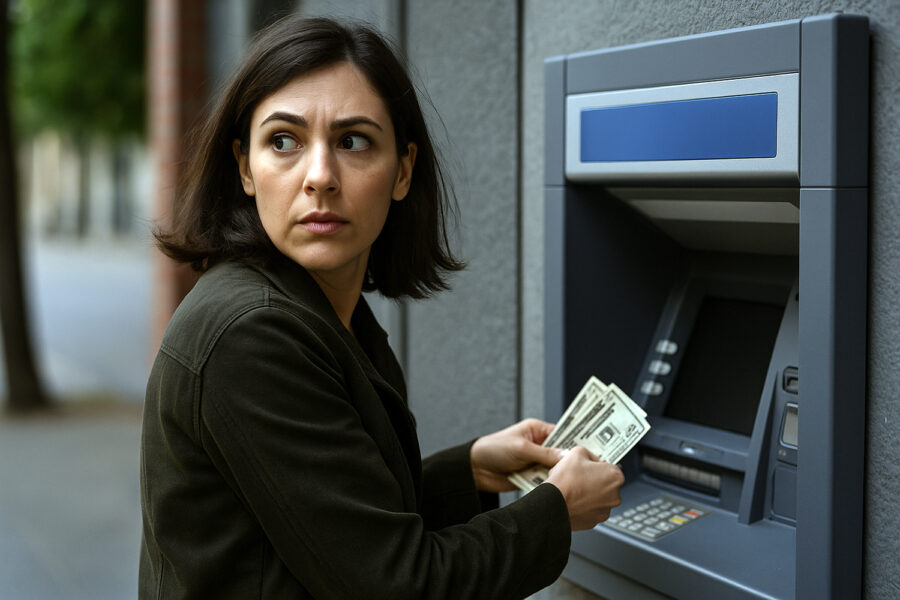 una mujer mira hacia atrás temerosa mientras saca dinero de un cajero automático