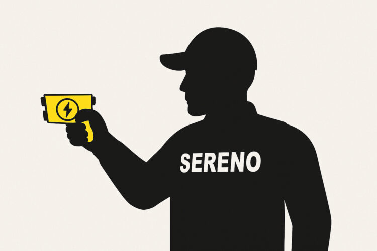 silueta de un sereno peruano utilizando una pistola eléctrica