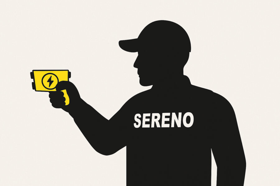silueta de un sereno peruano utilizando una pistola eléctrica