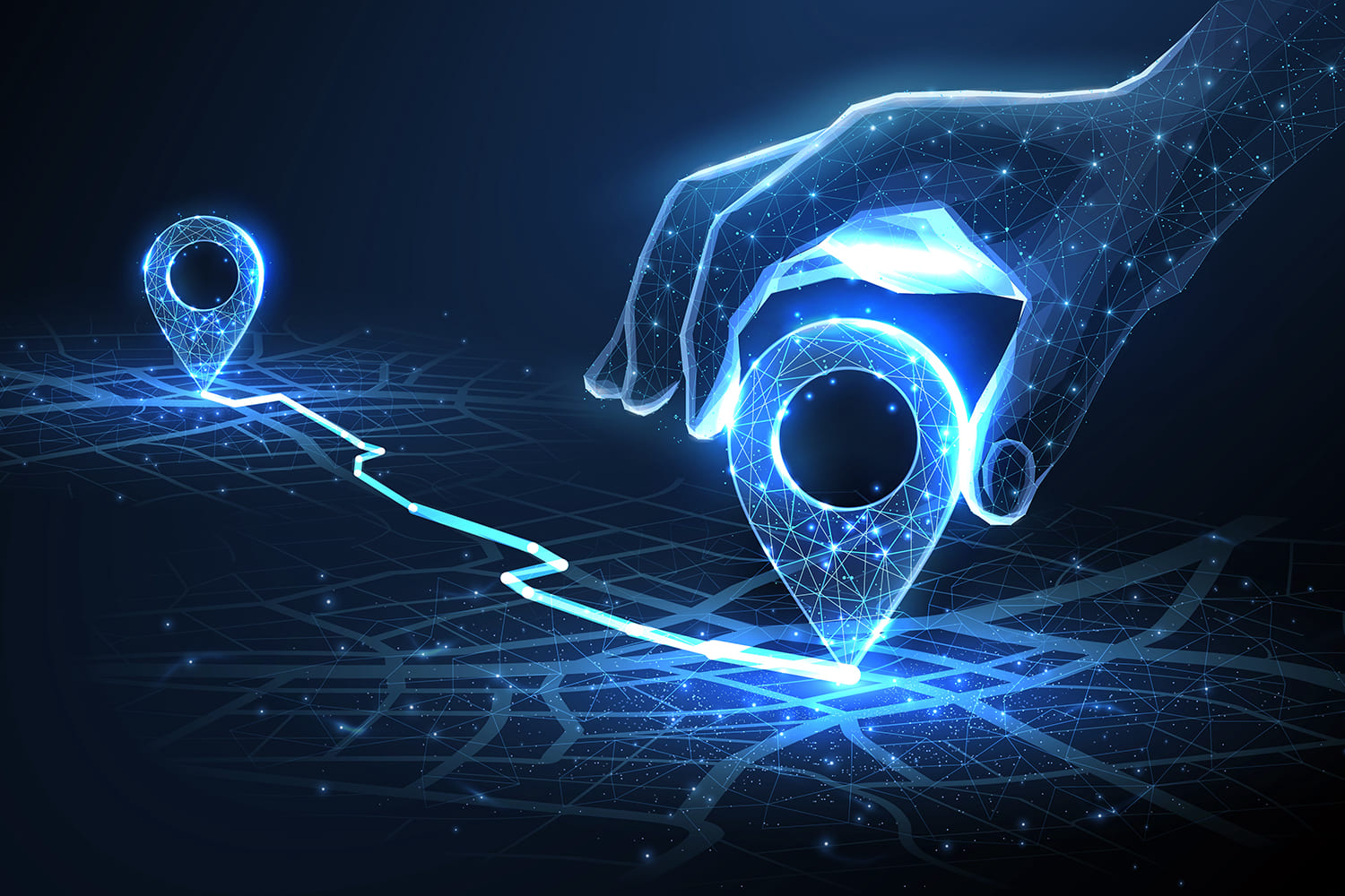 una mano digital ubica un punto de posicionamiento en un mapa