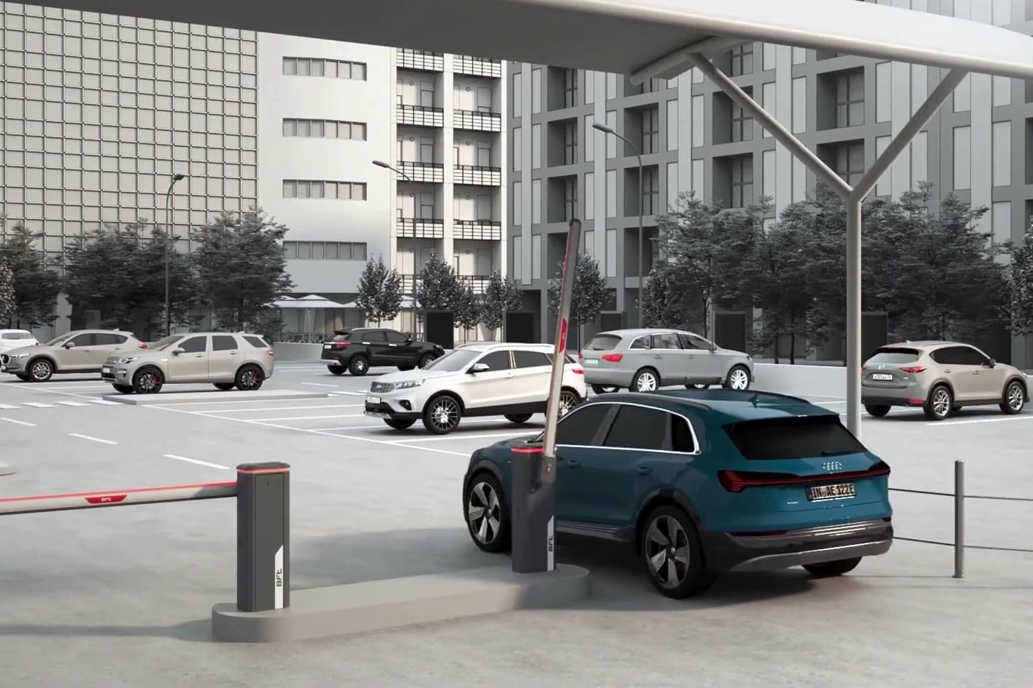 un coche Audi supera la barrera de acceso a un parking
