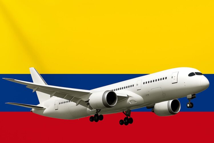 una bandera de Colombia y un avión comercial de pasajeros