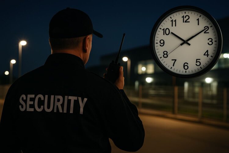 un guardia de seguridad privada en un turno nocturno junto a un reloj horario