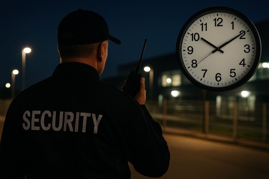 un guardia de seguridad privada en un turno nocturno junto a un reloj horario