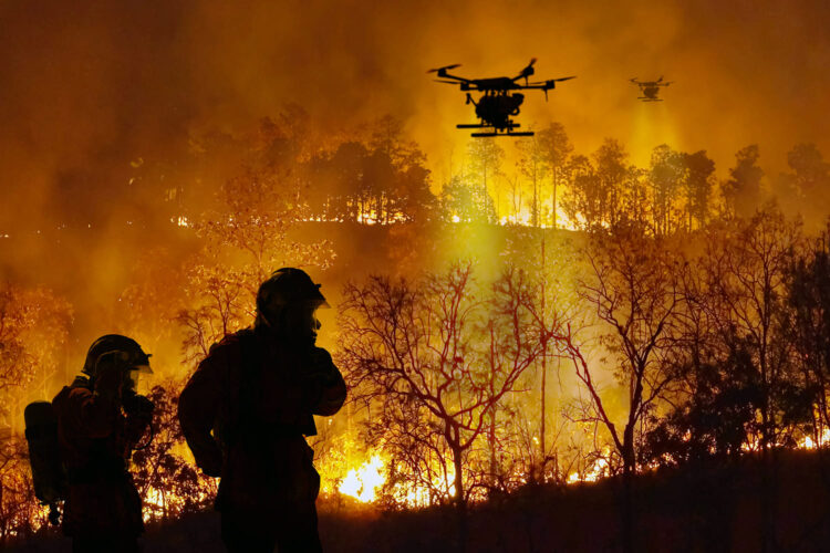 bomberos y drones en un incendio forestal