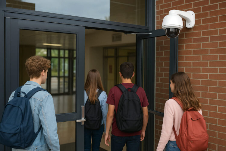 una cámara de videovigilancia en el acceso a un centro educativo