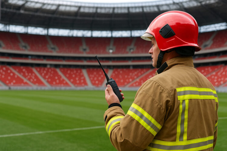 un bombero en el interior de un estadio de fútbol