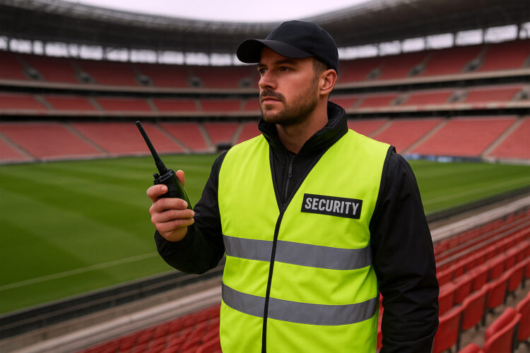 Un guardia de seguridad privada dentro de un estadio de fútbol