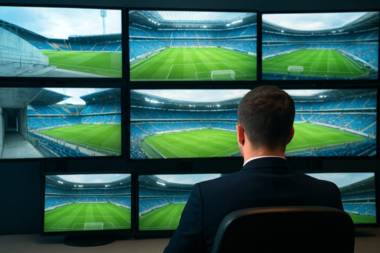 un operador de seguridad mira los monitores de un SOC de un estadio de fútbol