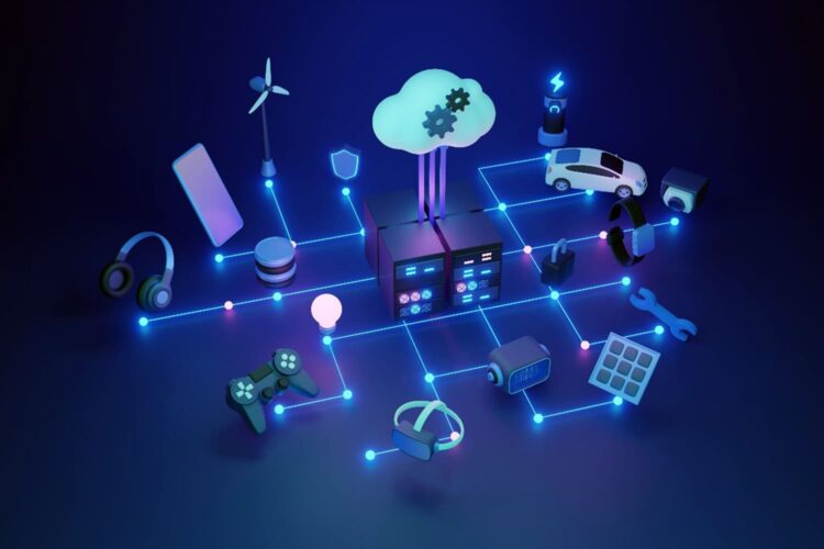 representación de hiperconectividad con dos centros de datos y objetos interconectados a ellos