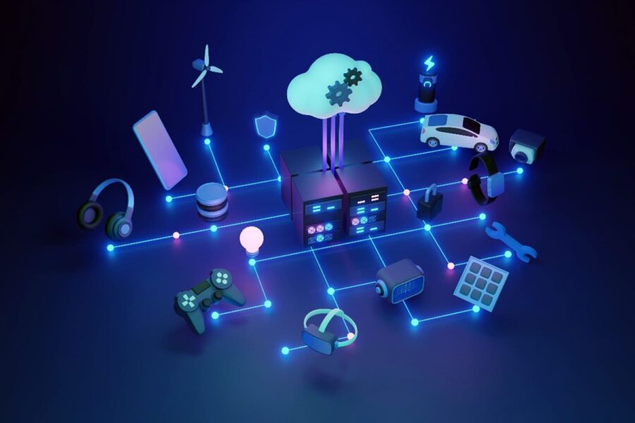 representación de hiperconectividad con dos centros de datos y objetos interconectados a ellos