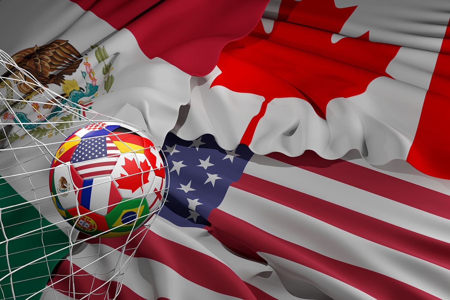 un balón de fútbol sobre las banderas de México, Estados Unidos y Canadá
