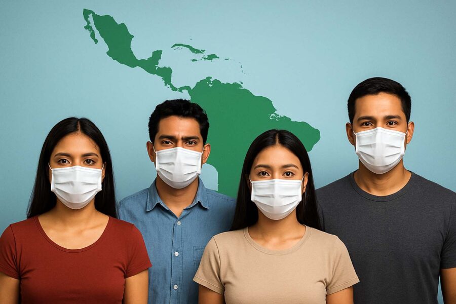 hombres y mujeres con mascarillas delante de un mapa de América Latina