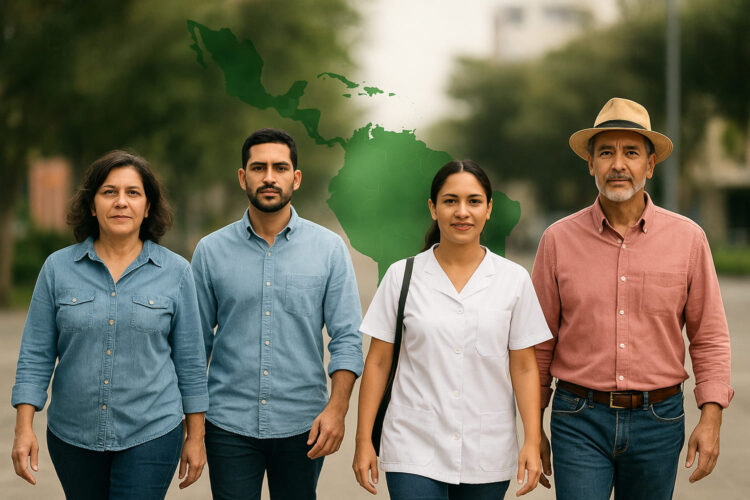Dos mujeres y dos hombres andando con el mapa de Latinoamérica tras ellos
