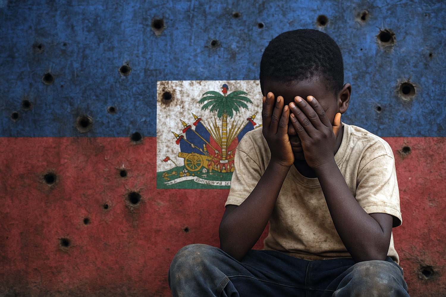 un niño negro se cubre la cara con las manos delante de una bandera de Haití agujereada por los disparos de armas de fuego
