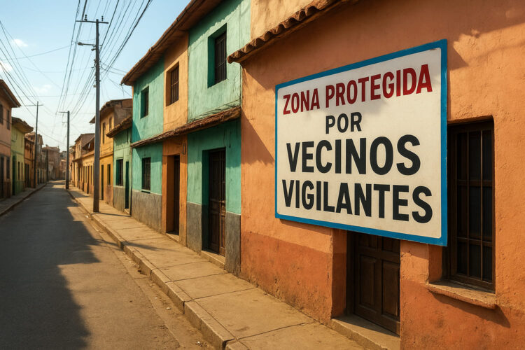 una casa en una calle de Latinoamérica con el cartel Zona Protegida por Vecinos Vigilantes