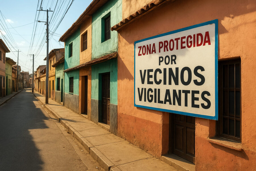 una casa en una calle de Latinoamérica con el cartel Zona Protegida por Vecinos Vigilantes