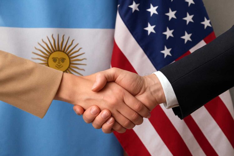 una mujer y un hombre se estrechan la mano con las banderas de Argentina y Estados Unidos detrás