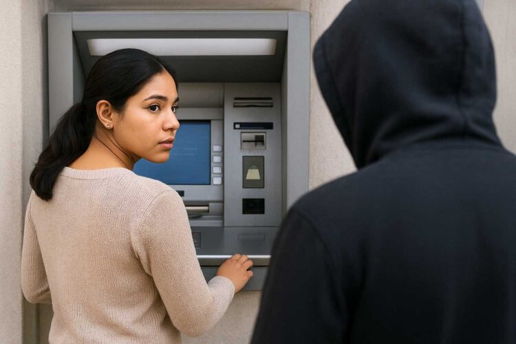 una mujer latinoamericana mira hacia atrás en un cajero automático ante la amenaza de un sospechoso