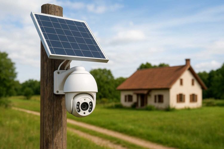 una cámara de vigilancia solar junto a una casa en el campo