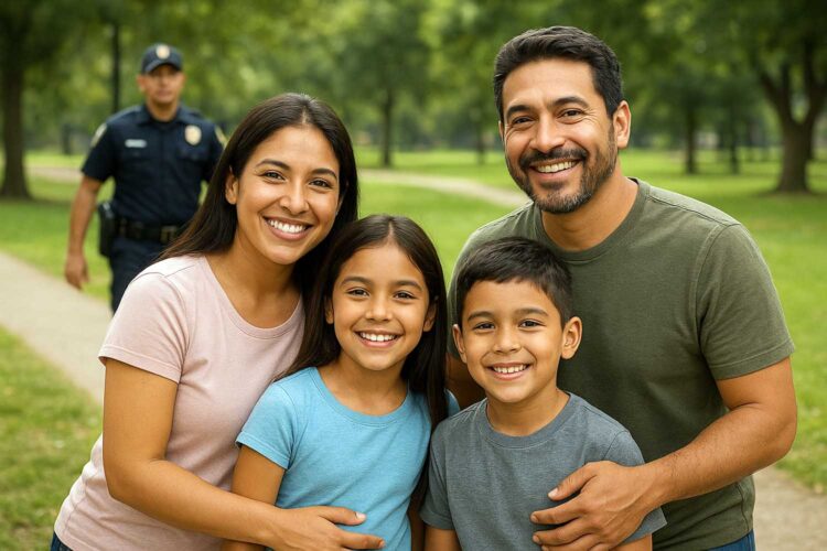 una familia en un parque con un policía patrullando tras ellos