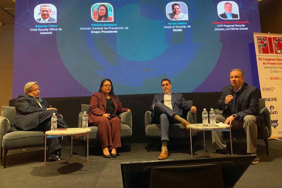 De izquierda a derecha: Eduardo Téllez, Chief Security Officer en Liomont; Fabiola Enríquez, gerente general de Prevención en Grupo Presidente; Yovan Galico, Head of Security en Nestlé; y Pedro A. Castolo, Regional Security Director Latam en Geodis, en el VII Congreso Mexicano PIC