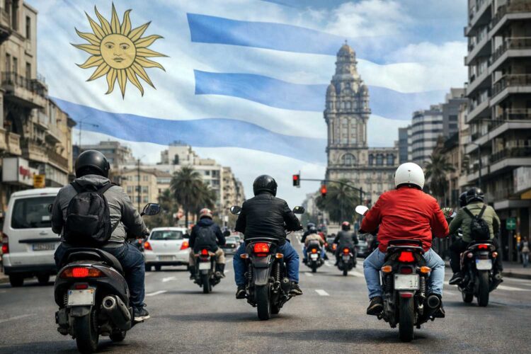 vehículos en una calle con la bandera de Uruguay al fondo