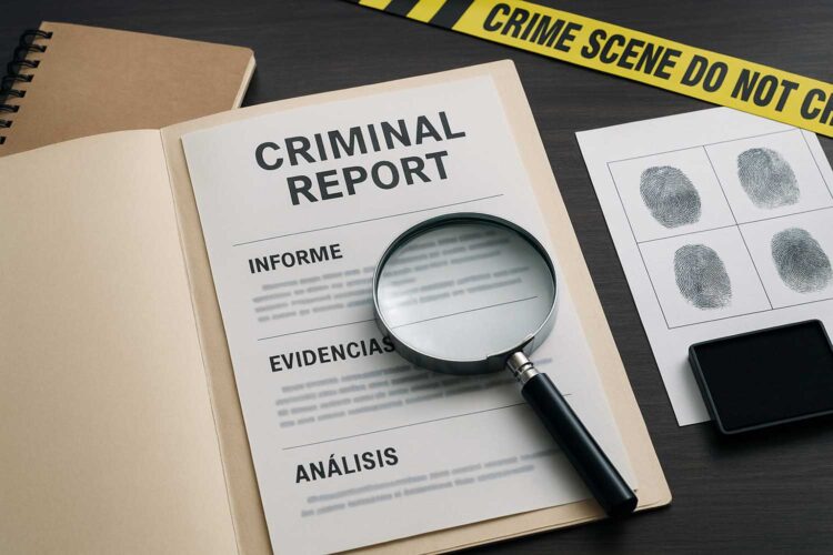 útiles relacionados con la criminología: un informe, una lupa, un cuaderno, huellas dactilares, etc.