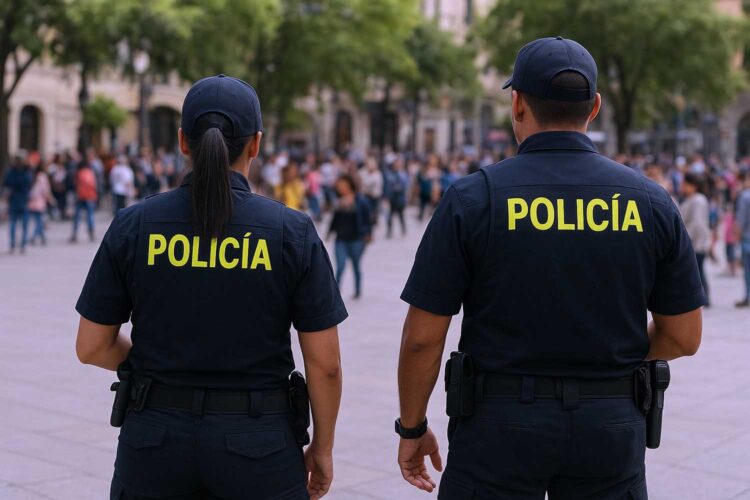 dos policías en la plaza de un país de Latinoamérica