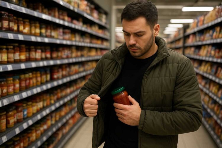 un hombre roba un bote de comida en un supermercado