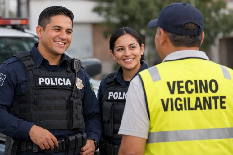 dos policías nacionales dialogan con un vecino vigilante