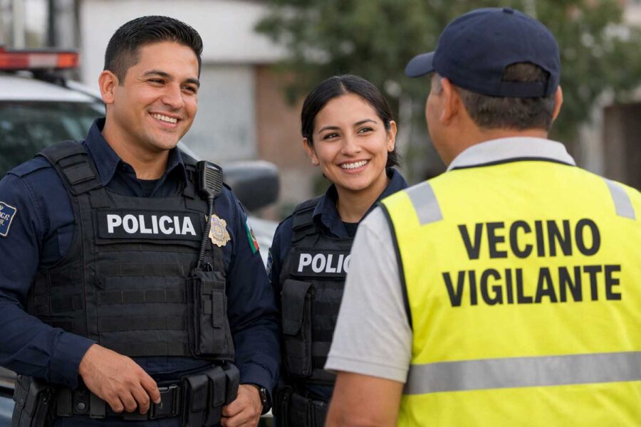 dos policías nacionales dialogan con un vecino vigilante