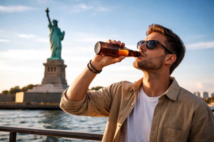 un hombre bebe una cerveza junto a la Estatua de la Libertad en Nueva York.