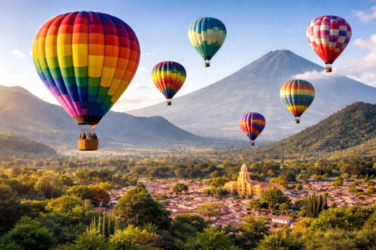 globos aerostáticos sobre un pueblo en Latinoamérica