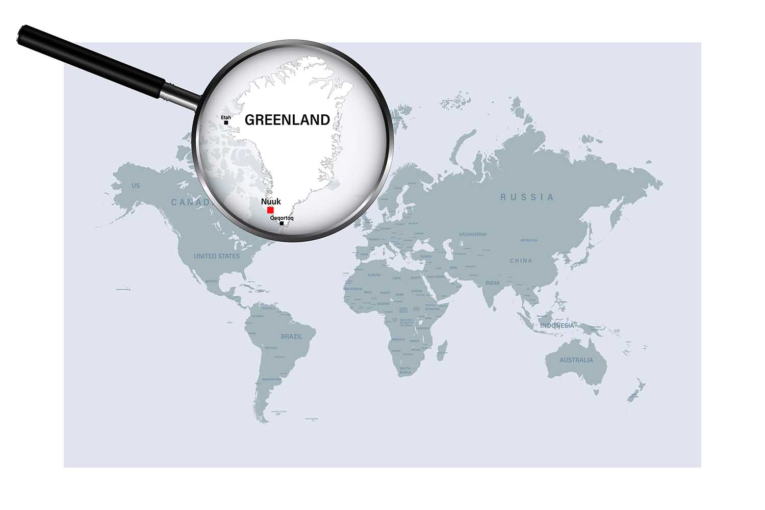 una lupa sobre el mapa de Groenlandia